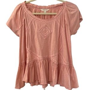 Lucky Brand Dusty Pink Crochet-Trim Peasant Blouse